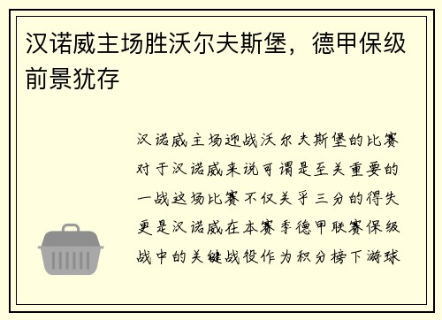 汉诺威主场胜沃尔夫斯堡，德甲保级前景犹存