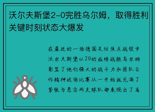 沃尔夫斯堡2-0完胜乌尔姆，取得胜利关键时刻状态大爆发